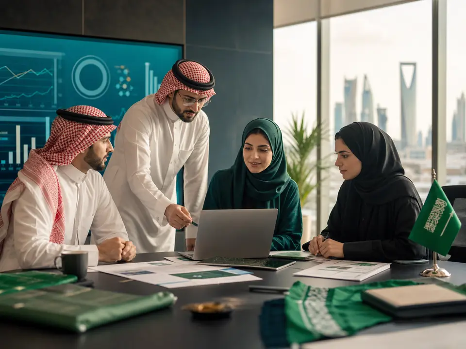Saudi business team planning digital growth for National Day